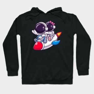 Cute Astronaut Couple Riding Rocket Cartoon Hoodie